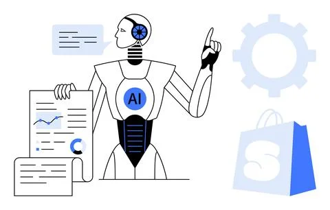 AI Robot Analyzing Data with Chat Bubble, Shopping Bag, and Gear Symbol Illustrazione stock