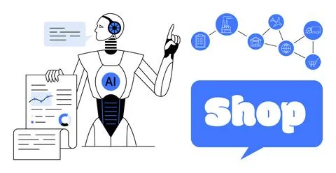 AI Robot Analyzing Data for Efficient Online Shopping with Market Connectivit Stock Illustration