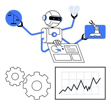 AI Robot Analyzing Data with Multiple Hands Holding Law, Health, and Techno.. Stock Illustration