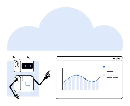 AI Robot Analyzing Data on a Screen with Cloud Computing Background Illustrazione stock