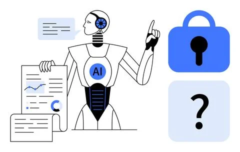 AI Robot Analyzing Data with Security and Query Concept in Blue and White C.. Stock Illustration