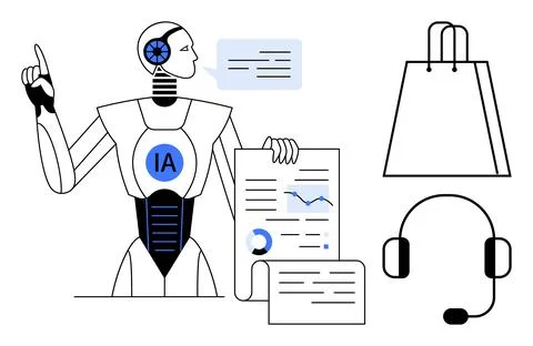 AI Robot Analyzing Data with Shopping Bag and Headset Elements Representing.. 스톡 일러스트