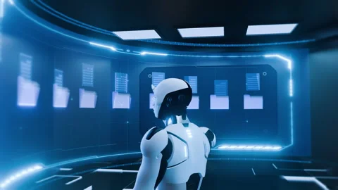 AI Robot Analyzing Digital Documents on Screen Stock Footage 291541352