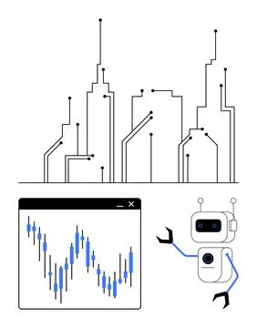 AI robot analyzing financial data in futuristic smart city concept Illustrazione stock