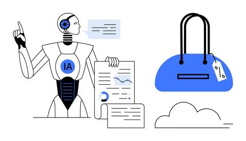 AI robot analyzing financial documents with luxury handbag and cloud elements Stock Illustration