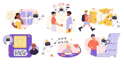 AI robot. Android helping people. GPT chat bot. Chatbot digital technology. S Stock Illustration