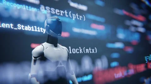 AI robot assistant with blurred code interface background loop. Stock Footage 347198458