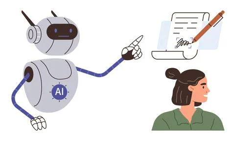 AI Robot Assisting Human in Digital Document Editing and Signing Tasks Stock Illustration