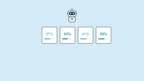 AI robot beside a row of KPI cards with counters and progress bars, sky blue Stock Footage 342603230