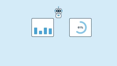 AI robot between two data monitors showing charts and progress ring, sky blue Video stock 342603279