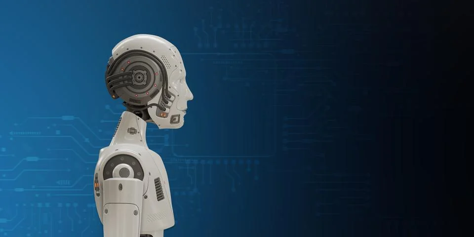 An AI robot on a blue background with electronic circuits illustrates the c.. Stock Illustration