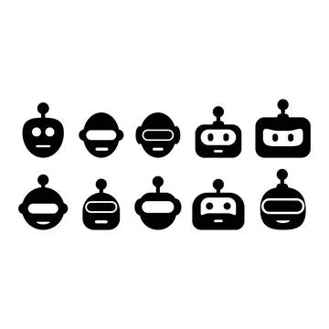 AI Robot Bot Face Icon Set, 10 Cute Minimal Solid Black Chatbot Head Mascot.. 库存插图