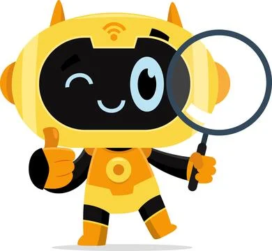 AI Robot Chat Bot Cartoon Character Looking Through A Magnifying Glass Illustrazione stock