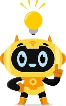 AI Robot Chat Bot Cartoon Character Having A Bright Idea With A Light Bulb Illustrazione stock