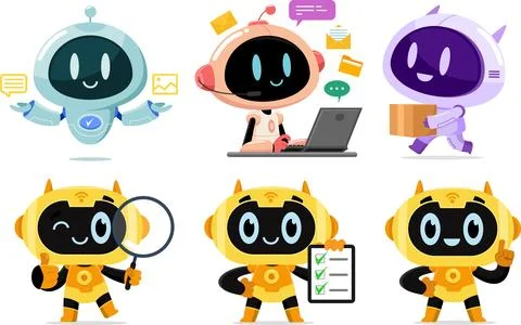 AI Robot Chat Bot Cartoon Characters. Vector Flat Design Collection Set Stock Illustration