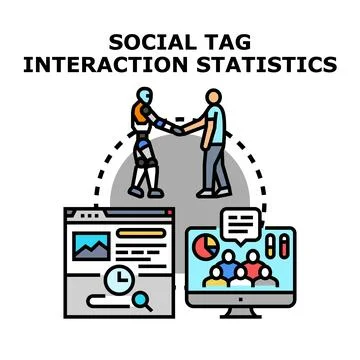 Ai robot collaborating on social tag interaction statistics Stock Illustration