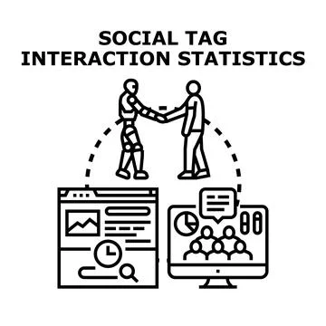 Ai robot collaborating on social tag interaction statistics Stock Illustration