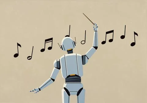 AI robot conducting music notes on beige background Stock Illustration