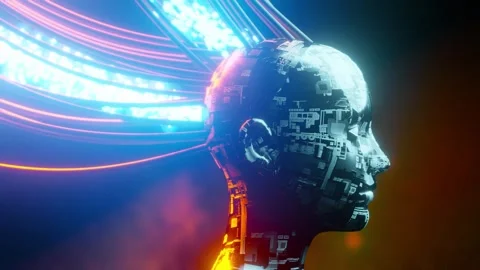 AI robot connected to grid. Concept of future human, artificial intelligence Stock Footage 245362258