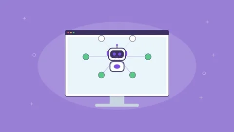 AI robot connecting to multiple data nodes on a screen, violet Stock Footage 342596606