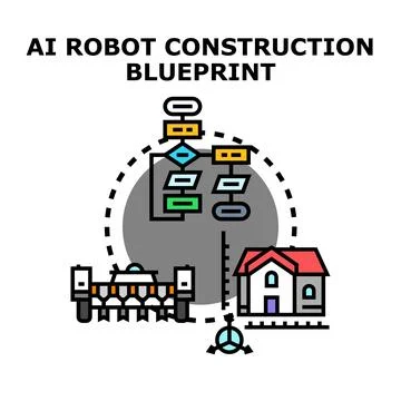 Ai robot construction blueprint developing automated building process Stock Illustration