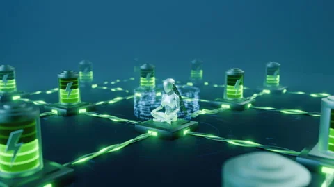 AI Robot Consuming High Electric Power from Battery Energy Network Video stock 337186879