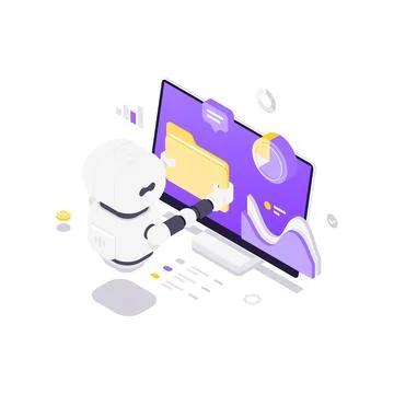 AI Robot For Data Analysis And File Management Isometric Vector Illustration Illustrazione stock