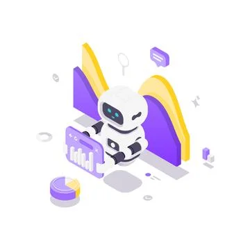 AI Robot With Data Analytics And Business Charts Isometric Vector Illustratio Stock Illustration