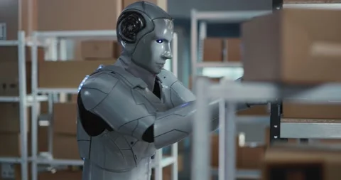 AI robot employee working in workshop delivery department of post office Видео 150513314