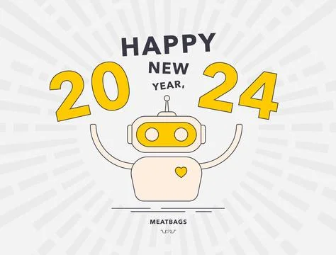 AI Robot extends warm wishes for a Happy New Year and Merry Christmas 2024 Illustrazione stock