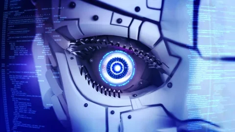 AI robot eye dark tech space, cyborg vision on digital background. Cyber Stock Footage 333969919