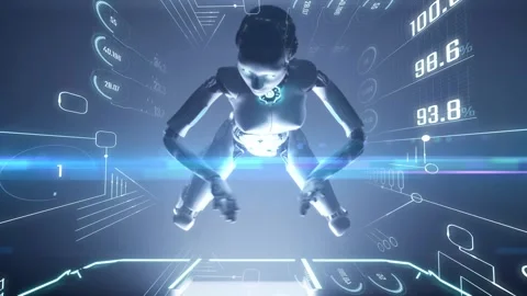 Ai robot fly over digital technology data corridor or tunnel. High tech anim Stock-Footage 336307513
