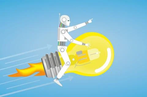 AI robot flying on light bulb. Vector illustration. Stock Illustration