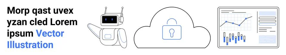 AI robot with friendly design, secure cloud with lock symbol, data analytics  Stock Illustration