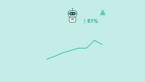 AI robot with a full-screen ascending line graph and upward growth arrow, teal Stock Footage 342603183