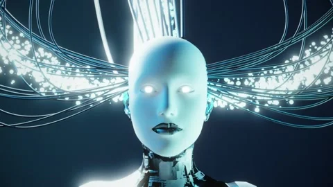 AI robot futuristic humanoid machine, symbiosis of human and computer, data flow Stock Footage 280189719