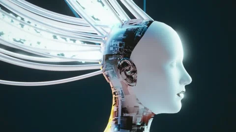 AI robot futuristic humanoid machine, symbiosis of human and computer, data flow Stock Footage 280189727