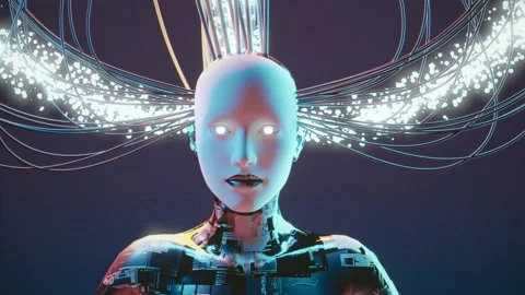 AI robot futuristic humanoid machine, symbiosis of human and computer, data flow Stock Footage 280191175