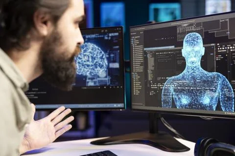 AI robot gaining humanoid form inside computer 스톡 사진