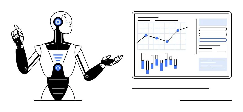 AI robot gesturing towards a digital screen displaying graphs and charts. Ide Stock Illustration