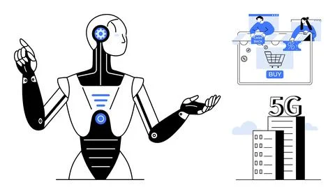 AI robot gesturing towards online shopping interface and 5G building. Ideal f Ilustración de archivo