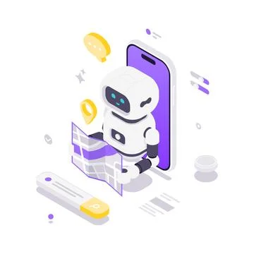 AI Robot For GPS Navigation And Mobile Search App Isometric Vector Illustrati Stock Illustration