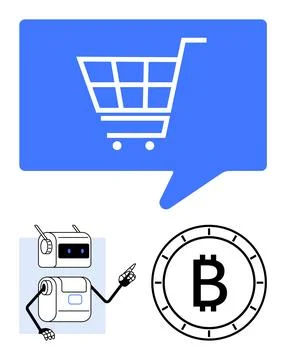 AI Robot Guide in E-commerce Shopping and Cryptocurrency Transactions Ilustración de archivo