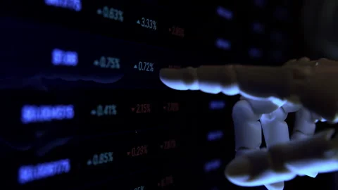 AI robot hand analyzing financial data from a computer screen Stock Footage 337910622
