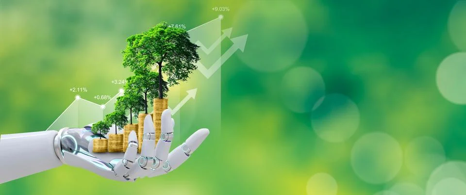 Ai robot hand holds a stack of coins with a tree growing on top against a g.. Stock Illustration