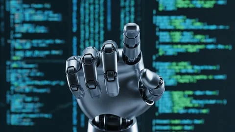 AI Robot Hand Pointing at Digital Code Background Stock Footage 314805408