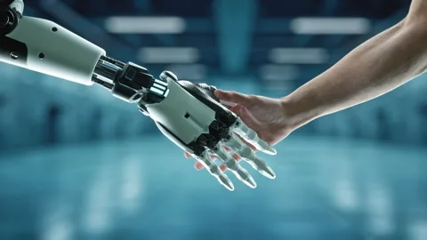AI Robot Hand Shaking Another Hand In A Room With Blue Lights Workshop Advertisi Stock Footage 251742958