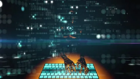 Ai robot hands typping code with glitch flickering dots overlay. Stock-Footage 294846824