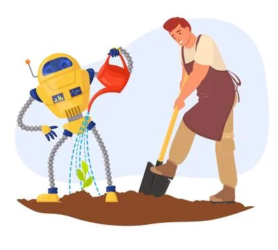 AI Robot helping man farmer in planting process vector illustration Stock Illustration