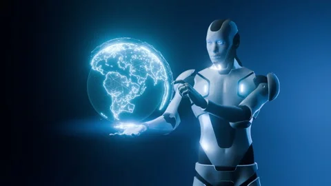 AI Robot Holding Digital Globe Hologram Stock Footage 291541346
